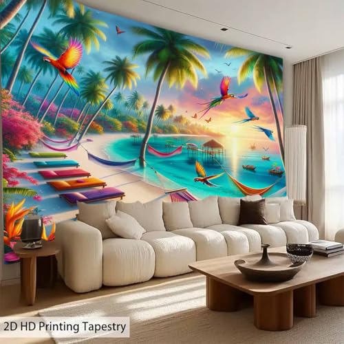 FENDROM Fantasy Colorful Ocean Beach Tapestry Wall Hanging Tropic Paradise Coconut Palm Tree Hawaiian Sea Wave Cool Seaside Sunset Waves Wall Decor For Dorm Bedroom Living Room - color: Colorful, size: 59"L x 39"W