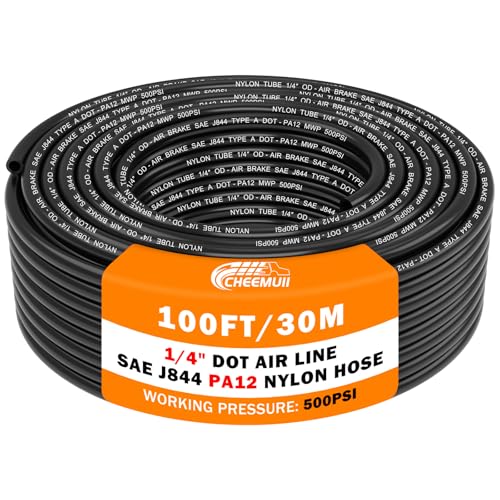 CheeMuii 100 FT 1/4 DOT Air Line 1/4" PA12 Nylon Pneumatic Tubing 30.5 Meter 1/4 Inch OD Pneumatic Air Tubing Pipe Hose Line for Semi Truck Trailer or Industrial Air System - color: Black, size: 1/4"OD-100FT