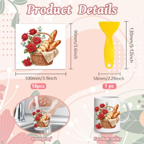Peacoblue 18 Sheets Rub on Transfers for Crafts, Various Breads 3.6"x3.9" UV DTF Cup Wraps Waterproof Cold Transfers Stickers for Wood Glass Metal Cup Tumblers Mirrors Mugs Home Decor - style: Various Breads