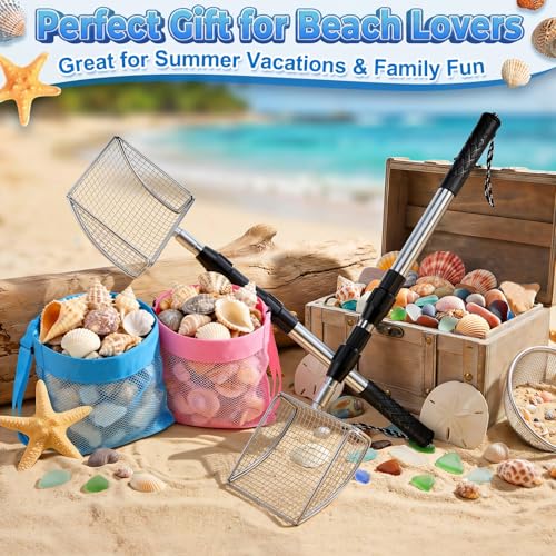 RGQSUN 2 Shark Tooth Sifters with 2 Seashell Bags, Beach Sand Sifter Set with Extendable Handles for Shell Collecting, Sea Glass, Shark Teeth and Small Beach Finds - color: Blue+Pink (2 set)