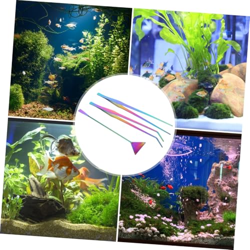 3pcs Colorful Titanium Coated Stainless Steel Aquarium Tools Set Aquascaping Tweezers Spatula for Water Plants Maintenance Fish Tank Cleaning Kit