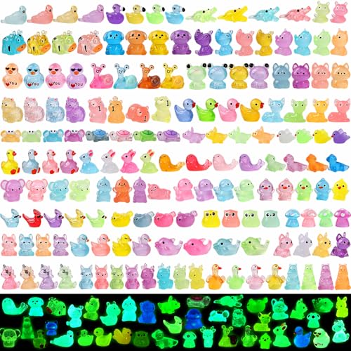 EKisemio 180pcs Mini Resin Animals Glow in The Dark, Luminous Plastic Animals Variety Pack, Tiny Resin Figures to Hide, Miniature Figurines for Micro Landscape Fairy Aquarium Dollhouse Décor Desk Pets