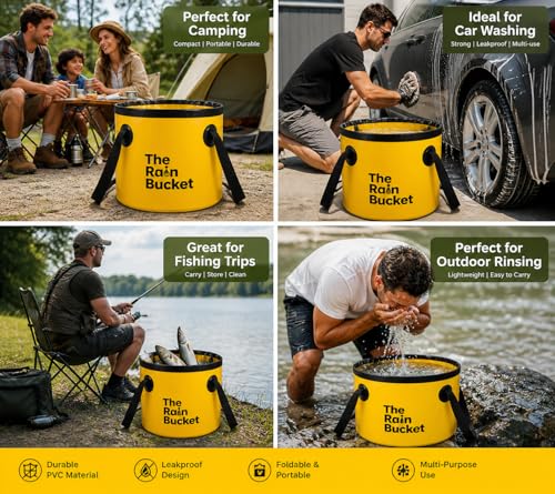 Collapsible Foldable Buckets with Handles – 3-Piece Set (10L & 15L) Bucket + 10L Water Bag with Faucet – Waterproof PVC Wash Basins for Camping, Fishing, Hiking, Car Wash – Portable & Leakproof–Yellow