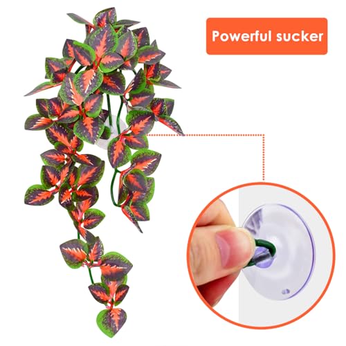 KATUMO Reptile Plants, 3 PCS Amphibian Hanging Plants with Suction Cup for Snake, Bearded Dragons, Lizards, Geckos, Toads, Hermit Crab Tank Pets Habitat Decorations - color: Green+fire Red