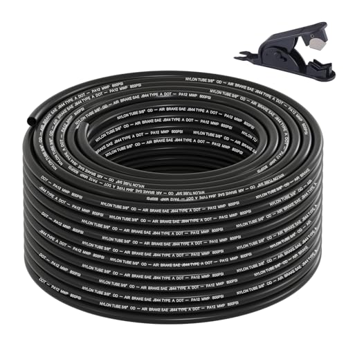 100FT 3/8 DOT Air Line SAE J844 PA12 Nylon Air Hose with Cutter 3/8” OD Pneumatic Tubing DOT Approved 3/8 Air Brake Hose for Air Suspension Kit Truck Trailer Brake System & Fluid Transfer 30.5m - size: 3/8" OD 100FT
