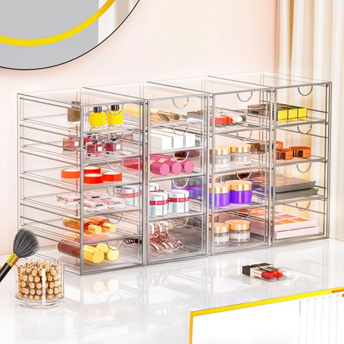 YFXCVSL Acrylic Makeup Organizer with 19 Drawers, 4 Pack Clear Storage Drawers, Bathroom Makeup Organizer for Palettes, Cosmetic, and Beauty Supplies,Ideal for Vanity, Cabinet,Desk Organization - size: 19 Drawers