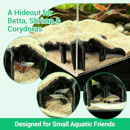 Aquarium Cave Fish Tank Cave Decor Corner Hide – PETG Reptile Hideout with 500g Sand, Mangrove Root Texture for Fish Shrimp Gecko Lizard, Fish Tank Decor 7.5x7.5x4 Inch (Black)