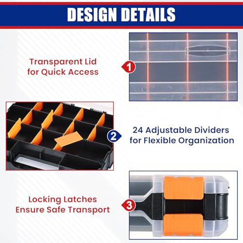 NYXOVA Small Parts Organizer, Hardware Organizer Box, 2 Pack Double Side 34 Compartments Hardware Organizers with Removable Plastic Dividers for Screws Nuts Nails Bolts (Orange) - color: Orange