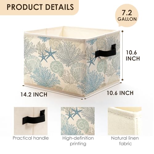 Blue Beach Starfish Seashell Storage Bins Box with Handles, Coastal Ocean Nautical Coral Sea Life Foldable Basket Toybox for Beach House Bedroom Bathroom Home Clothes Toys Books - color: color-9