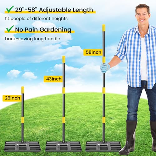 Lawn Leveling Rake, Heavy Duty 17"x10" Curved Ground Plate, 58" Long Handle Lawn Leveler Tool Landscape Rake for Compost Soil Dirt Sand Grass Peat Moss - style: 17X10" - 5FT
