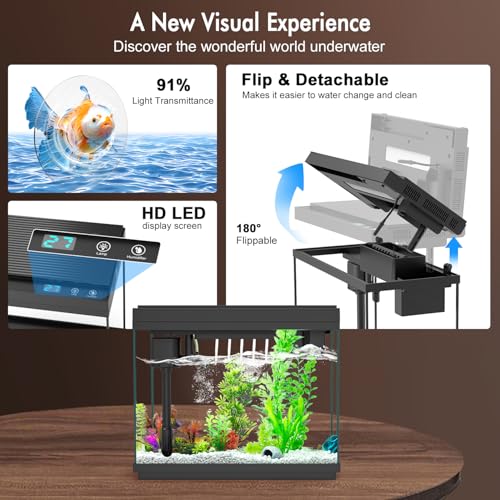 Smart Aquarium Fish Tank with Silent Water Pump, 2.4 Gallon Small Aquarium with Quick Start Kit, Temperature Display, Humidifier and RGB Lights, Perfect for Home, Office, and Decor, Black - color: 2.4 Gallon-Black