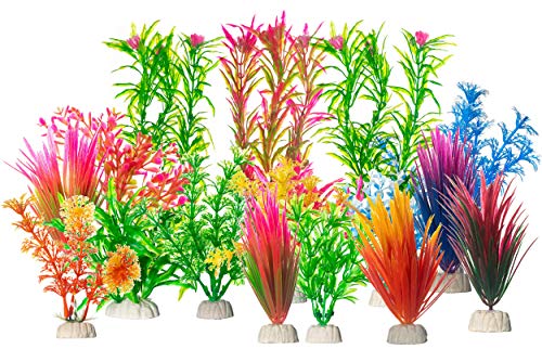 CNZ Assorted Color Aquarium Plastic Plant Decoration w Ceramic Base, 16-Piece Assorted