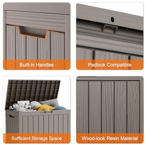 PatioZen 45 Gallon Resin Deck Box, Lockable Patio Outdoor Storage Box for Furniture, Garden Tools and Tools Storage, Waterproof Outside Storage Boxes - Grey - color: Grey, size: 45 Gallon