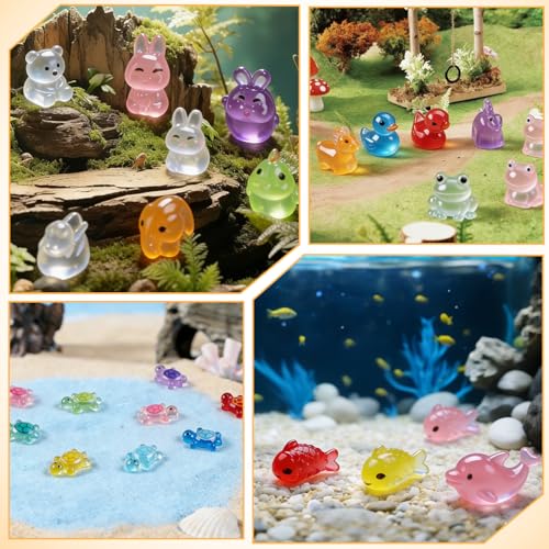 60Pcs Luminous Mini Resin Turtles and 60pcs Mini Resin Animals Styles Variety Tiny Animal Figurines Bulk for Micro Fairy Garden Landscape Accessories Hide Crafts Decor Aquarium