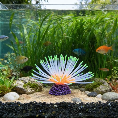 Glowing Sea Urchin Aquarium Decor - Fluorescent Rainbow Ornament with Weighted Base for Fish Tank, Safe Soft Silicone, Freshwater & Saltwater, Vibrant Glow Under Blue Light (Green) - color: Green
