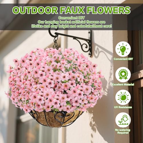 Artificial Flowers Fake Plants for Outdoors Spring Decoration, 13Bundles Silk Realistic UV Resistant Faux Flowers for Outside Planter Porch Yard Patio Garden Home Indoor, Pink - color: Pink, size: Artificial Flowers(13 Pcs)