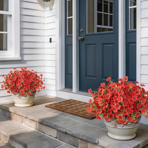 VIERENA 12 Bundles Artificial Flowers and Eucalyptus for Outside, Sun Resistant Silk Fake Morning Glory with Faux Eucalyptus Plants for Garden Porch Farmhouse Home Spring Summer Decor (Red) - color: Red