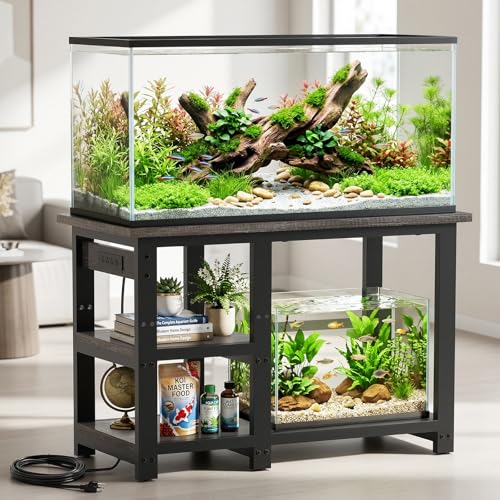 AQQA 35-40 Gallon Fish Tank Stand with 5 in 1 Power Outlets, 31x18 Inch Heavy Duty Metal Frame Aquarium Stand, Adjustable Storage Shelves, 620LBS Capacity Terrarium Stand, 3 Tiers Reptile Tank Stand