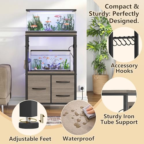Heybly 5-10 Gallon Fish Tank Stand, Aquarium Stand with Drawer, Power Outlet, Heavy Duty Metal Frame, for Fish Tank, Turtle & Reptile Terrarium, 20.5" × 10.2" Top, 200lbs, Rustic Gray HAS002SSG - color: Greige, size: 5-10 gal