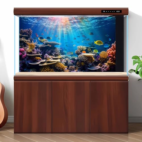 Ocean Fish Tank Background Underwater Coral Reef Aquarium Background Under The Sea Terrarium Backgrounds Cave Sunlight Fish Tank Backdrop Tropical Fish Aquarium Backdrop Backgrounds 24x12in - color: Blue, size: 24(W)x12(H)inches/ 60(W)*30cm(H)