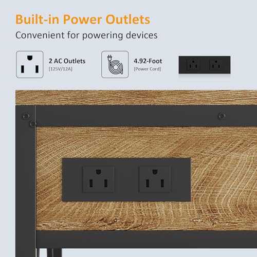55-90 Gallon Fish Tank Stand with Power Outlets, 2-Tier Aquarium Stand with LED Light Strip & Open Storage Shelves, Heavy Duty Metal Table for Reptile Tank, 1100 LBS Capacity, Light Brown and Black - color: Light Brown and Black