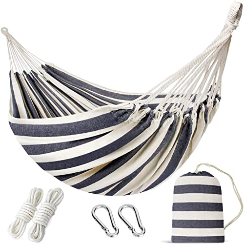 INNO STAGE Double Hammock with Tree Straps - Extra Large 2 Persons Hammock Portable Hanging Camping Bed for Patio, Backyard, Porch, Outdoor and Indoor Use - Soft Canvas Hammock with Carrying Bag - color: Blue White, size: XX-Large