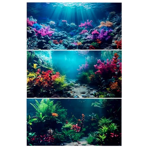 COMSUN 3 Pack Aquarium Background, 30x18 inches Polyester Aquarium Background, Cloth Fish Tank Background, Undersea Corals Sunshines & Rock Aquatic Plants - size: 30x18 Inch