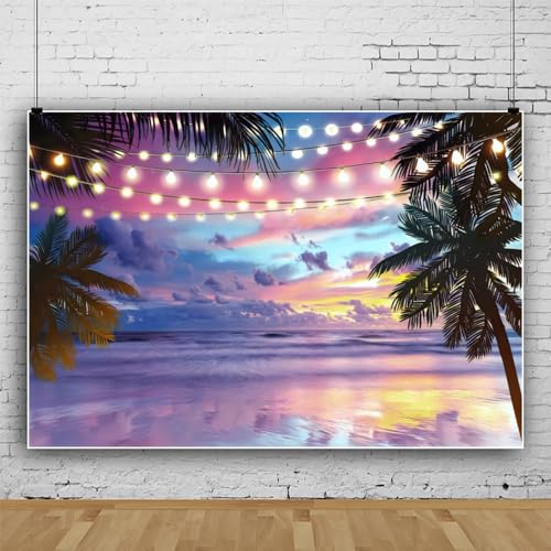 Sea Beach Sunset Backdrop Hawaiian Seaside Summer Tropical Palm Decorations Background Ocean Luau Party Backdrop Birthday Baby Shower Cake Table Banner Studio Props Vinyl 5x3ft - color: Lilac, size: 5x3ft (150x90cm)