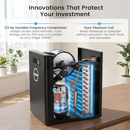 BAOSHISHAN 1/3 HP Aquarium Chiller 79 Gallons 300L Water Cooling System Set | Quiet Compressor Refrigeration for Indoor Hydroponics, Axolotls and Coral Reef Tanks, Precise Water Climate Control Solutions - size: 300L
