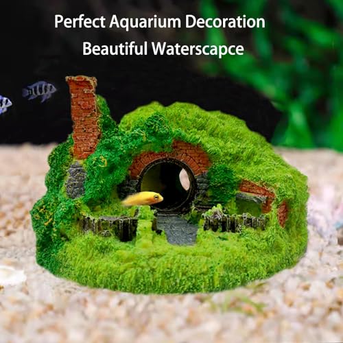 Tfwadmx Fish Tank Hobbit Decorations,Resin Small Fish Cave Hideout House,Aquarium Decor Hide Hole Shelter Castle Ornaments Mini Garden Decorating Accessories - color: Green-5.7 X 5.3 X 3.3 Inches
