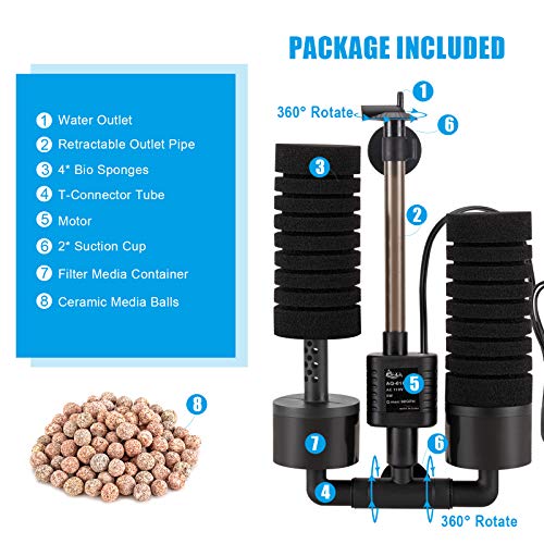 AQQA Aquarium Sponge Water Filter, Power Driven Double Biochemical Filter, Quiet Submersible Foam Filter with 2 Extra Sponges, 1 Bag of Filtered Ceramic Balls for Fresh and Salt Water Fish Tank (L) - size: Large