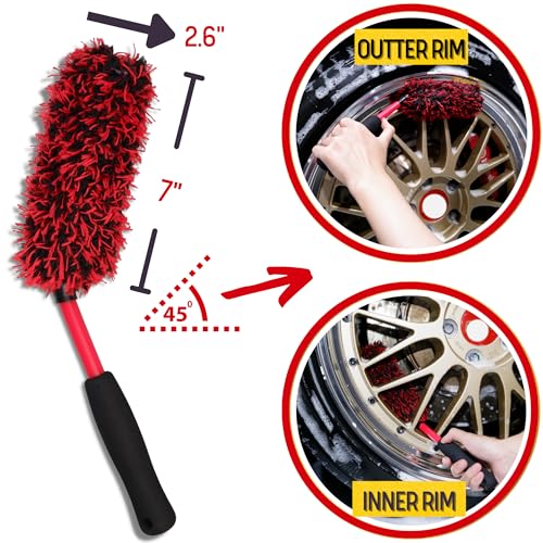 oesee Angled Wheel Brush Kit 3 Pack- Angled Microfiber Wheel Brush, Wheel Barrel Brush, Detailing Brush Scratch Free Calipers Wool Spoke Brush Cleans Brake Dust from Barrels& Hard to Reach Areas - color: Angle Red 3 Pack