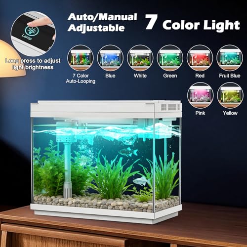 Smart Aquarium Fish Tank with Silent Water Pump, 2.4 Gallon Small Aquarium with Quick Start Kit, Temperature Display, Humidifier and RGB Lights, Perfect for Home, Office, and Decor, White - color: 2.4 Gallon-White