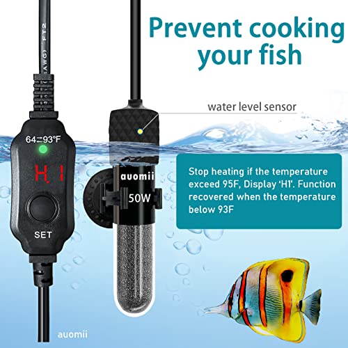 Small Submersible Aquarium Heater,Adjustable Mini Fish Tank Heater 25/50/100/150/200/300 Watts with External Temperature Controller, LED Display, Smart Memory, Used for 1-60 Gallons (50W)