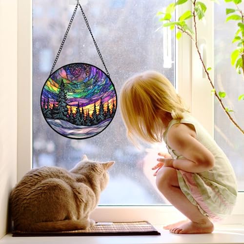 DASTOLL Stained Glass Window Hanging, Van Gogh Night Scene Sun Catchers Colorful Glass Panel Starry Sky Suncatcher Decor for Birthday for Women, Men, Wife, Aunt, and Mom 7.8 in - color: Blue, size: 7.8x7.8 IN