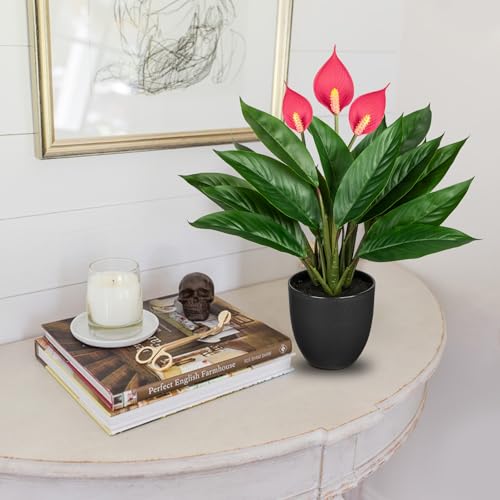 GnFlus 20'' Realistic Pink Anthurium Artificial Plant, Fake Potted Plants for Home Office Farmhouse Kitchen Bathroom Table Shelf Decor