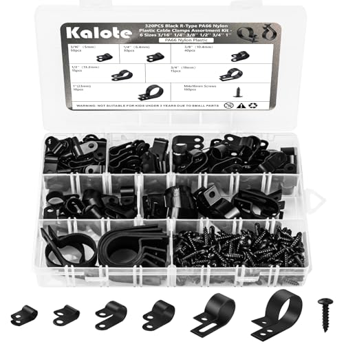 320PCS Black Cable Clamps Nylon Plastic R-Type 6 Sizes 3/16'' 1/4'' 3/8'' 1/2'' 3/4'' 1'' Cable Mounting Wire Clips Assortment Kit with Screws for Wire Management H-049