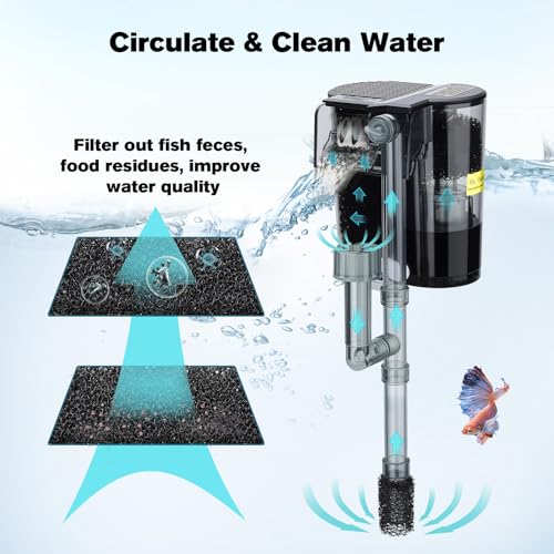 hygger Hang On Back Aquarium Filter, Small Fish Tank Filter Waterfall Filtration System, Adjustable Water Flow with Surface Skimmer, Replaceable Sponge Quiet Hanging Filter for Tank Up to 5 Gal - size: S