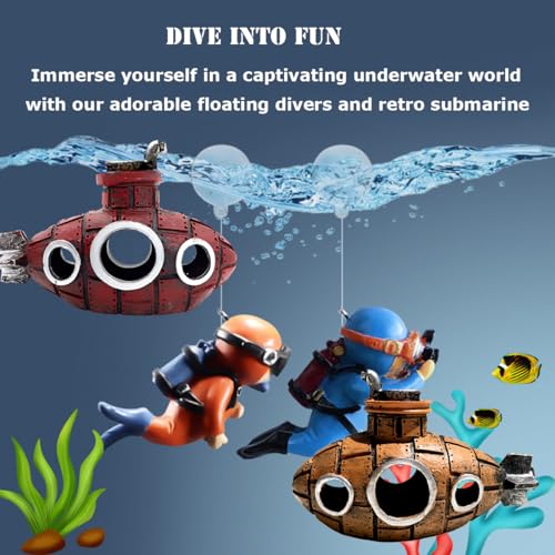 4 Pcs Fun and Vibrant Fish Tank Decorations - Cute Floating Diver and Retro Submarine Set - Perfect Aquarium Accessories for Betta Fish and Floating Aquarium Decor (Style-01) - color: Style-01