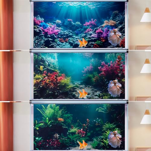 COMSUN 3 Pack Aquarium Background, 24x12 inches Polyester Aquarium Background, Cloth Fish Tank Background, Undersea Corals Sunshines & Rock Aquatic Plants - size: 24x12 Inch