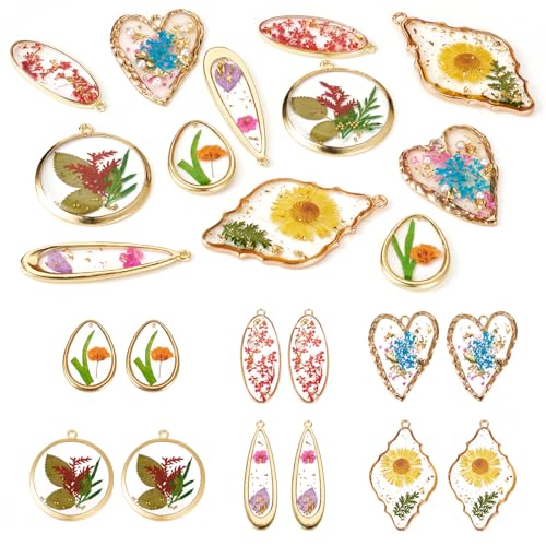 Transparent Flower Resin Charms Round Gold Edge Dried Floral Pendants Flat Round Clear Gold Foil Floral Charms for Necklace Bookmark Keychain Jewelry Making - color: Flower-5