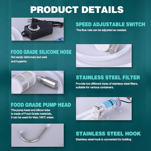 Household Electric Water Transfer Pump 110V Speed Adjustable for Ice Maker Coffee Machine Water Cooling,Food Grade Auto Siphon Self Priming Pump for Bottling Wine,Beer and Kombucha,2L/Min,Low Noise