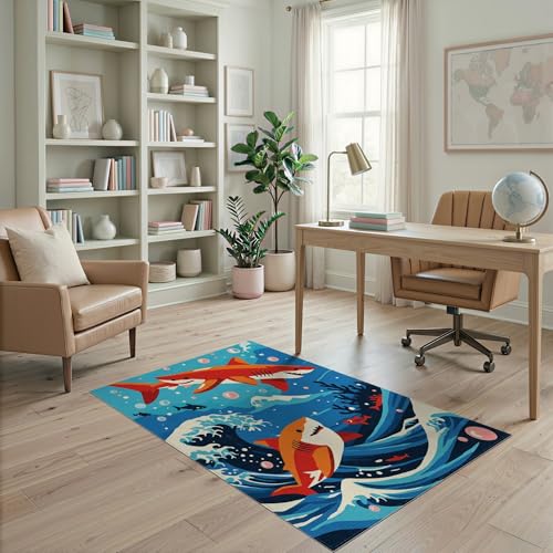 4'x6' Washable Flatwoven Rug, Red Kawaii Wave Easy Care Throw Carpet for Dorm Room, Small Living Room, Apartment, Stain Resistant Low Profile Floor Covering | Ref:2070034 - color: Blue/Pattern 11, size: 4' x 6' (Rectangular)