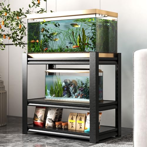 20-30 Gallon Fish Tank Stand - Metal Aquarium Stand, 34 "W x 18 "D x 31"H Adjustable Heavy Duty Reptile Tank Stand, Adjustable 3-Tier Fish Tank Rack Shelf for Home Office, Tank Not Included (Black) - color: Black
