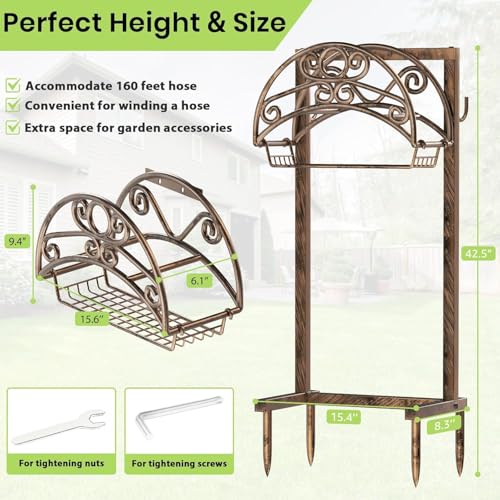 TomCare Garden Hose Holder Upgraded Water Hose Holder Heavy Duty 4 Spikes Hose Hanger Holds 160 Feet Hoses Stable Freestanding Hose Storage Organizer for Outside Yard - color: Bronze