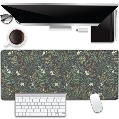 Dark Green Plant Desk Pad Mouse Pad,Vintage Green Fern Leaves Mouse Mat with Stitched Edges,Non-Slip Rubber Base Mousepad for Office PC Keyboard Laptop and Home Work Desk Mat(27.5X11.8 in) - color: White berries