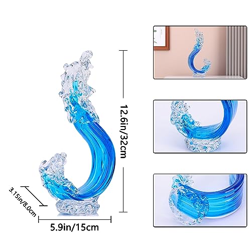 LCCCK Blue Glass Beach House Decor, Hand Blown Ocean Wave Decorate, Tall Blue Glass Sculpture Home Decor, Ocean Wave Fused Art Figurines, for Sea Art Beach Coastal Nautical Office Surfers Gifts