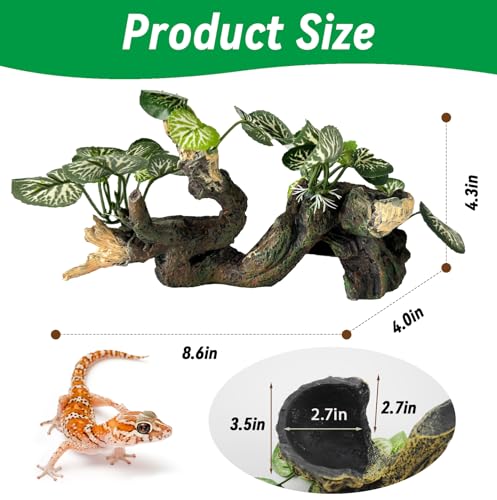 PINVNBY Branches for Reptiles,Crested Gecko Resin Climbing Tree Branch with Hideout Cave Bearded Dragon Tank Accessories Lizard Terrarium Habitat Plant Decorations for Snake Gecko Spider Frog(Green) - color: 【green】