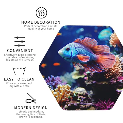 Drink Coasters Set of 4 Leather Coasters for Drinks Coral Reef Fish Aquarium Round Cup Mat Pad Easy Clean Bar Coasters Heat Resistant Funny Cup Coasters for Tabletop Protection,4 Inches - color: Hexagon