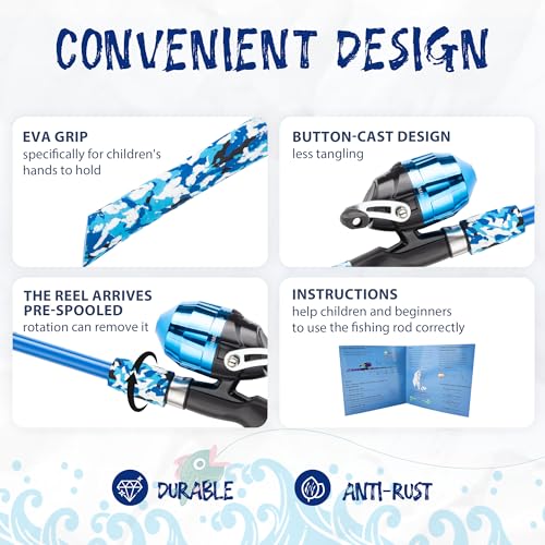 Kids Fishing Pole, Portable Telescopic Kids Fishing Poles for Boys and Girls, Fishing Rod and Reel Combo Kit with Tackle Box, and Fishing Net, Best Fishing Pole for Toddler Youth - color: Blue+Blue